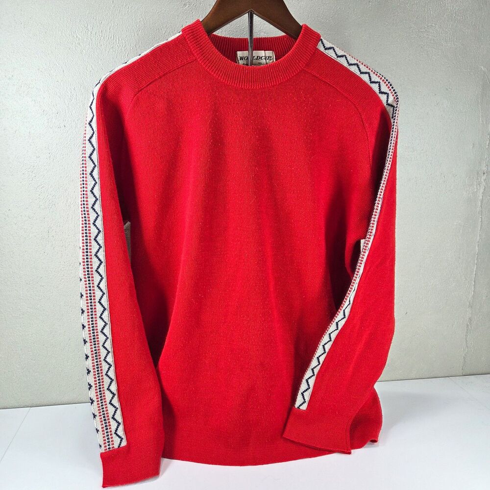 Vintage World Cup Made in Japan Red Knit Sweater Size L Retro Ski Crewneck